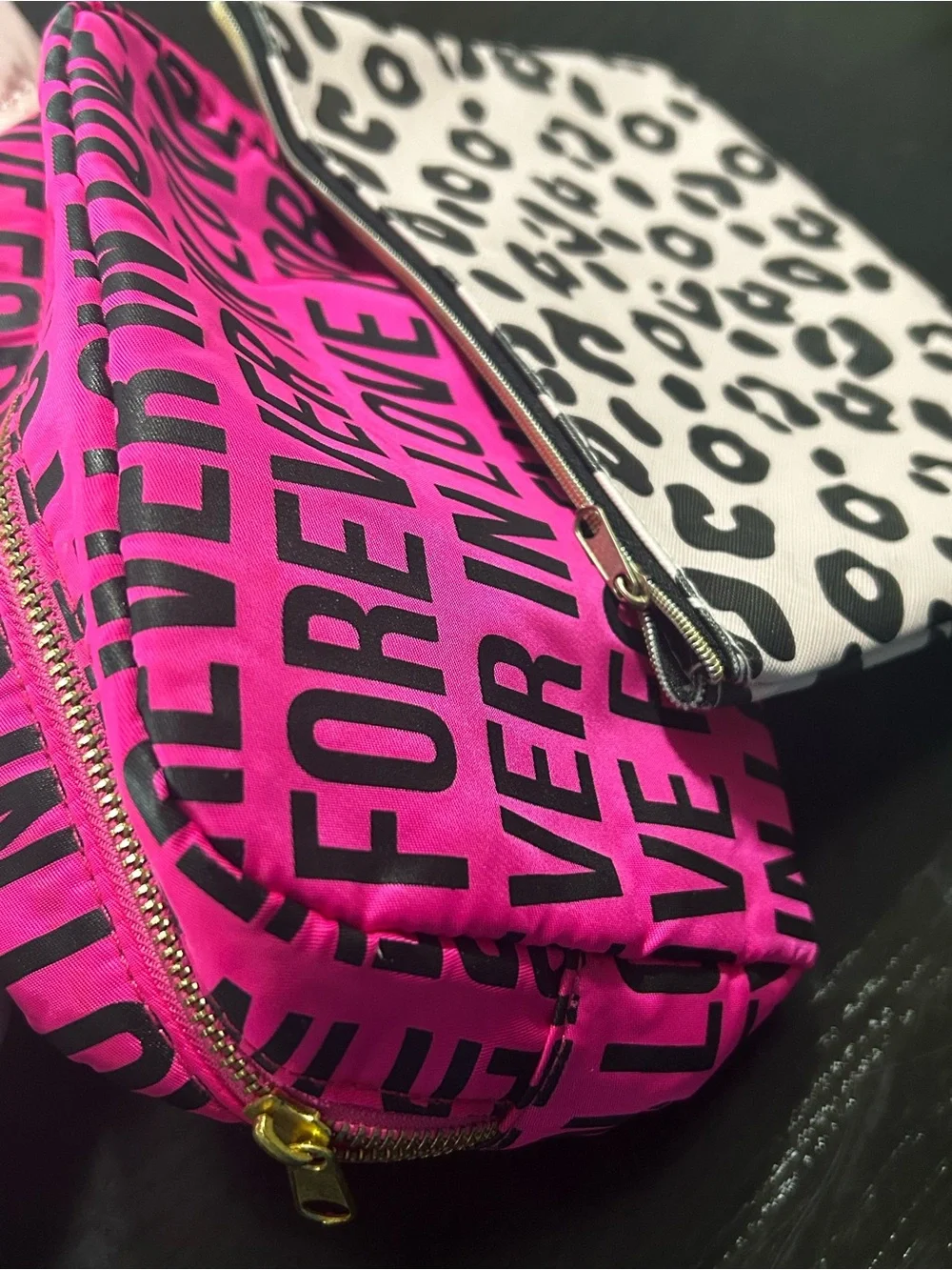 Bundle-Pink 'Forever in Love' Cosmetic Pouch & Black/White Leopard Zip Pouch set